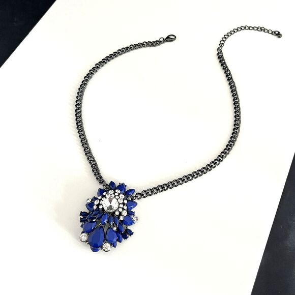 New Designer Statement Necklace Hematite Tone Blue Stones Crystal Accents 4A - Picture 3 of 5
